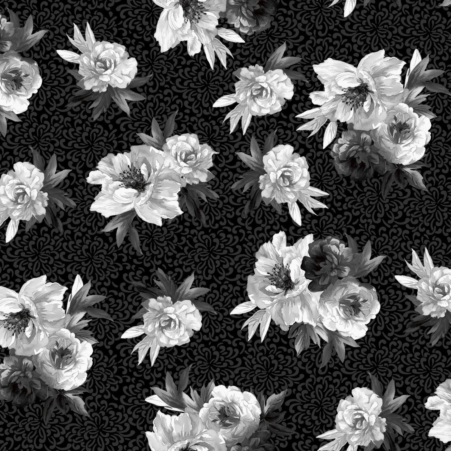 Moonlit Walk 10" Squares, Maywood Studio SQ-MASMOON, 10" Precut Black Gray White Floral Layer Cake Fabric Squares