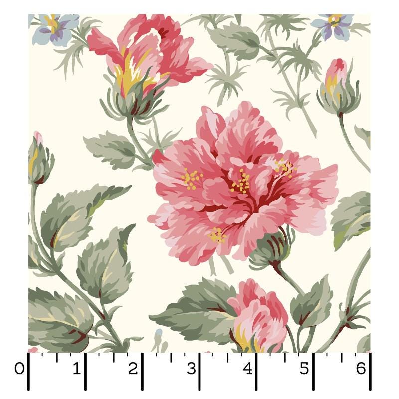 REMNANT 1 Yard 16" of Marlowe - Main Floral on Ecru Cream Fabric, Maywood Studio MAS10940-E, Pink Florals on Cream Fabric
