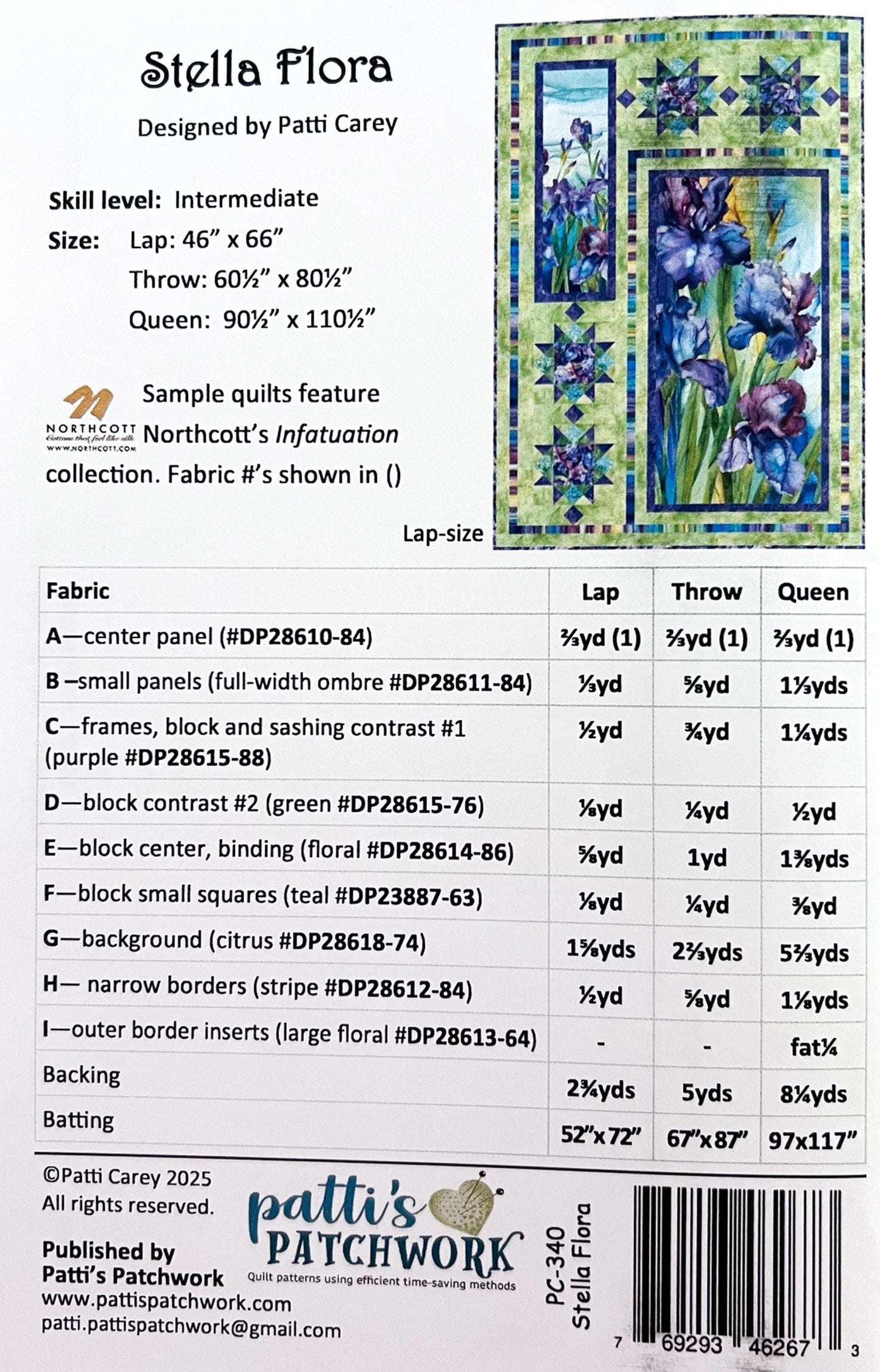 Stella Flora Panel Frame Quilt Pattern, Patti's Patchwork PC340 PTN3557, Fabric Panel Friendly Star Frame Throw Queen Quilt Pattern