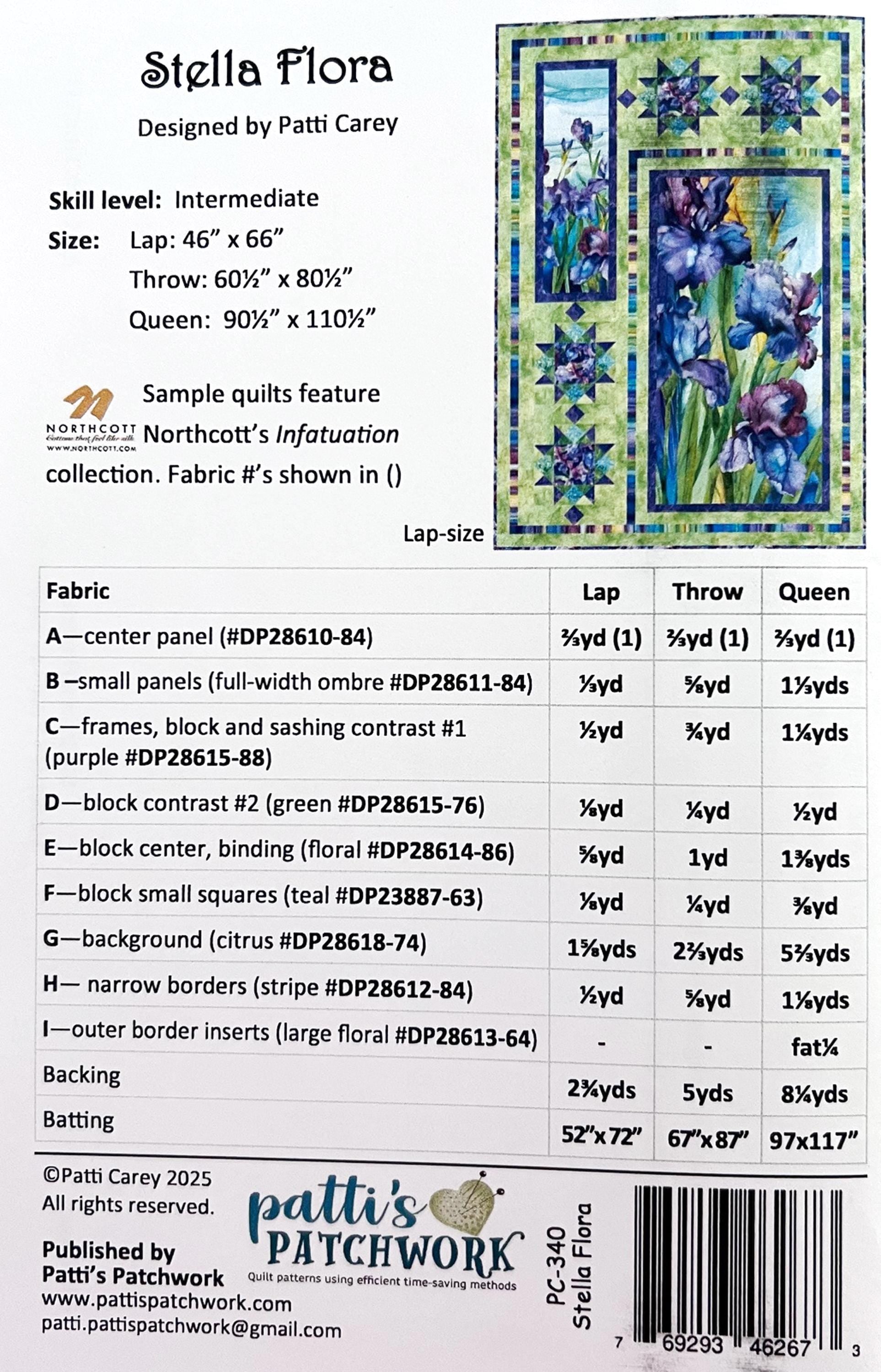 Stella Flora Panel Frame Quilt Pattern, Patti's Patchwork PC340 PTN3557, Fabric Panel Friendly Star Frame Throw Queen Quilt Pattern
