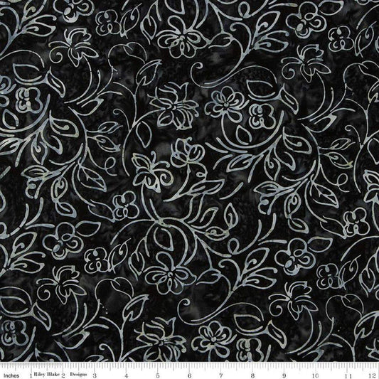 Expressions Batiks Achromatic Dance - Black White Floral Batik Fabric, Riley Blake BT23042-169 Licorice Candy, By the Yard