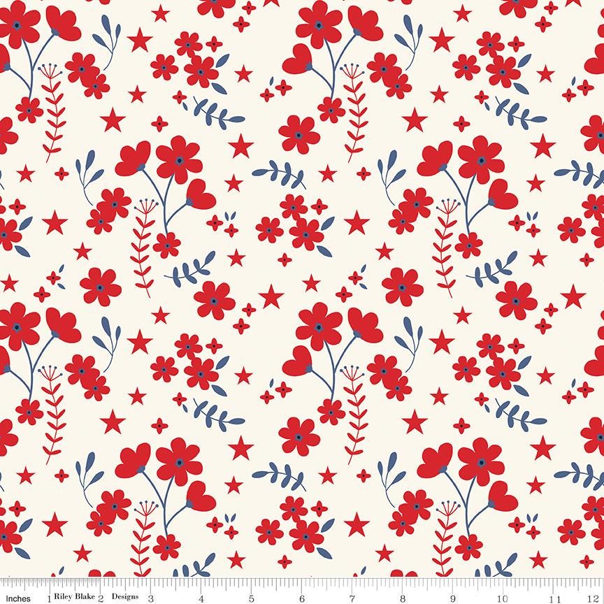 108" Freedom Garden - Red Blue Floral on White Patriotic Wide Quilt Back Fabric, Riley Blake WB15628-Multi, By the Yard