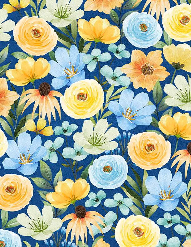 Gentle Meadow 5 Karat Crystals, Wilmington Prints 884-508, Precut 5" Blue Yellow Floral Fabric Squares Charm Pack, Lola Molina