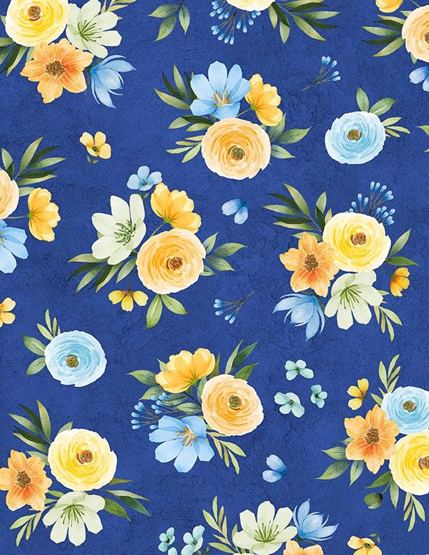 Gentle Meadow 5 Karat Crystals, Wilmington Prints 884-508, Precut 5" Blue Yellow Floral Fabric Squares Charm Pack, Lola Molina