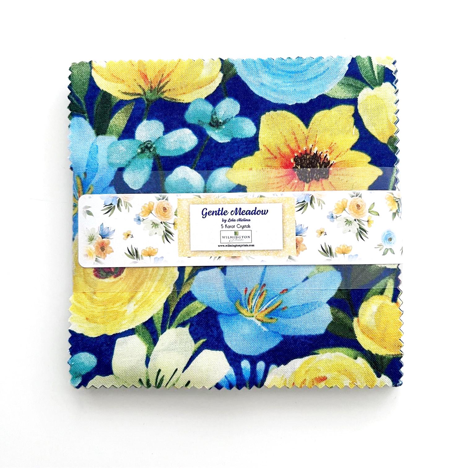 Gentle Meadow 5 Karat Crystals, Wilmington Prints 884-508, Precut 5" Blue Yellow Floral Fabric Squares Charm Pack, Lola Molina