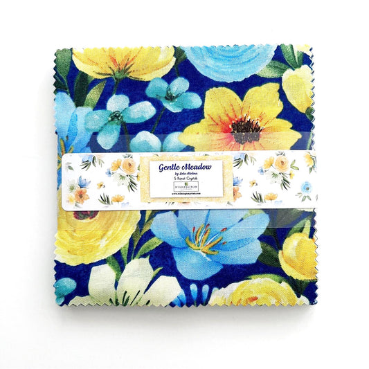 Gentle Meadow 5 Karat Crystals, Wilmington Prints 884-508, Precut 5" Blue Yellow Floral Fabric Squares Charm Pack, Lola Molina