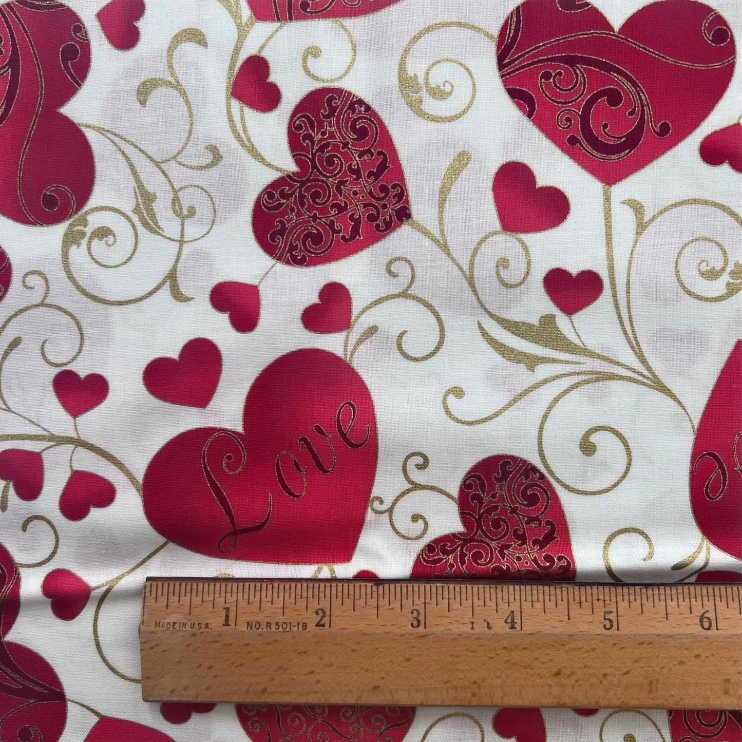 REMNANT 15" of Crush on You - Red Gold Hearts on White Fabric, Hoffman M4207, Valentine's Day Fabric