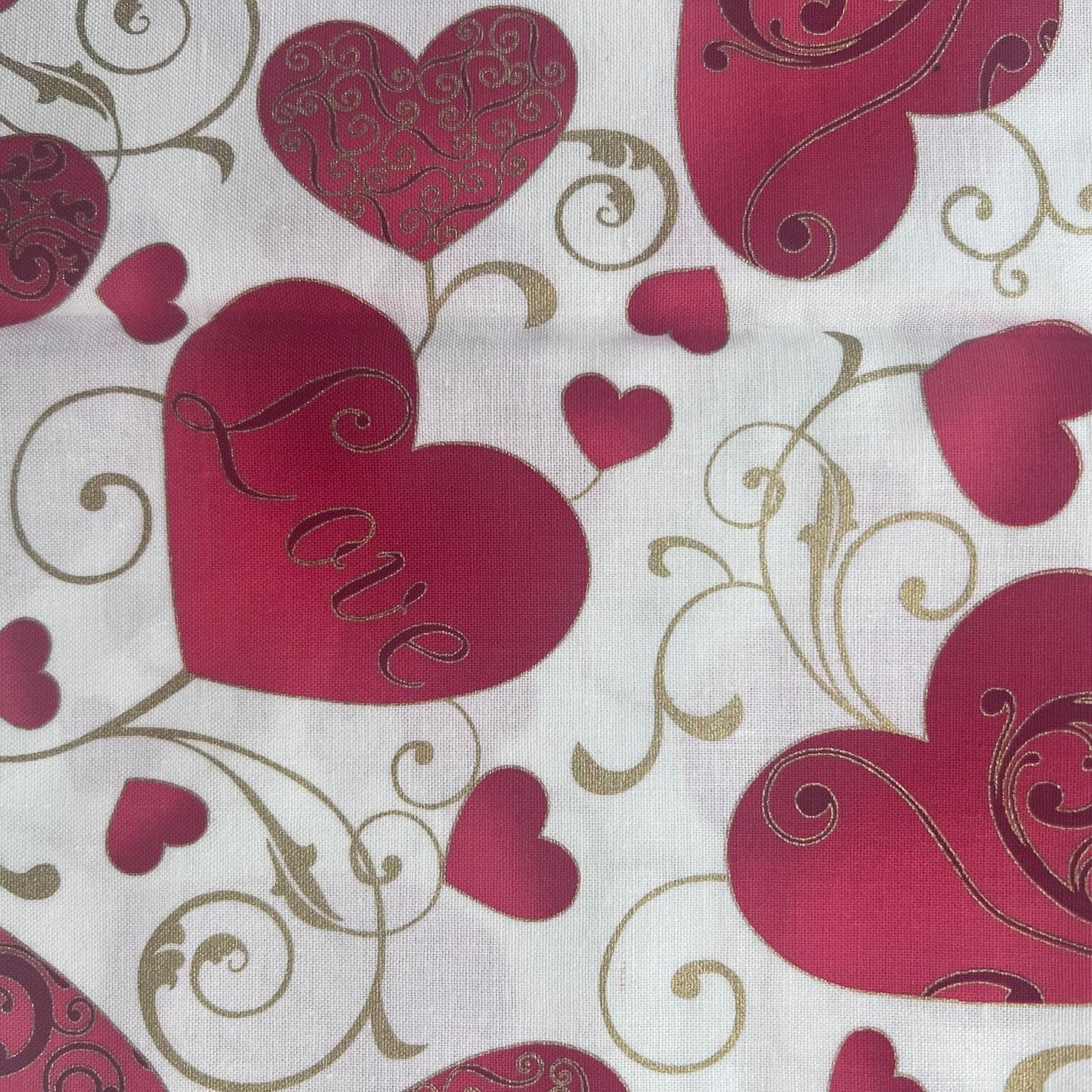 REMNANT 15" of Crush on You - Red Gold Hearts on White Fabric, Hoffman M4207, Valentine's Day Fabric