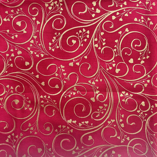 REMNANT 34" of Crush on You - Gold Metallic Heart Swirls on Red Fabric, Hoffman M4208, Valentine's Day Red Blender Fabric