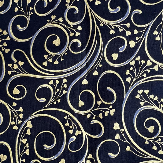 REMNANT 19" of Crush on You - Gold Metallic Heart Swirls on Black Fabric, Hoffman M4208, Valentine's Day Black Blender Fabric