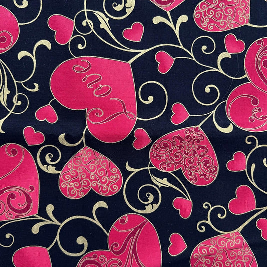 REMNANT 19" of Crush on You - Red Gold Hearts on Black Fabric, Hoffman M4207, Valentine's Day Fabric