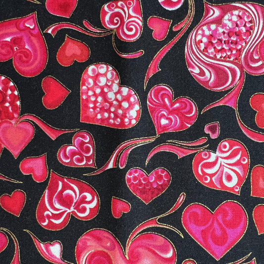 REMNANT 35" of Hearts of Gold - Red Pink Hearts on Black Fabric, Hoffman L4172, Gold Metallic Valentine's Day Fabric