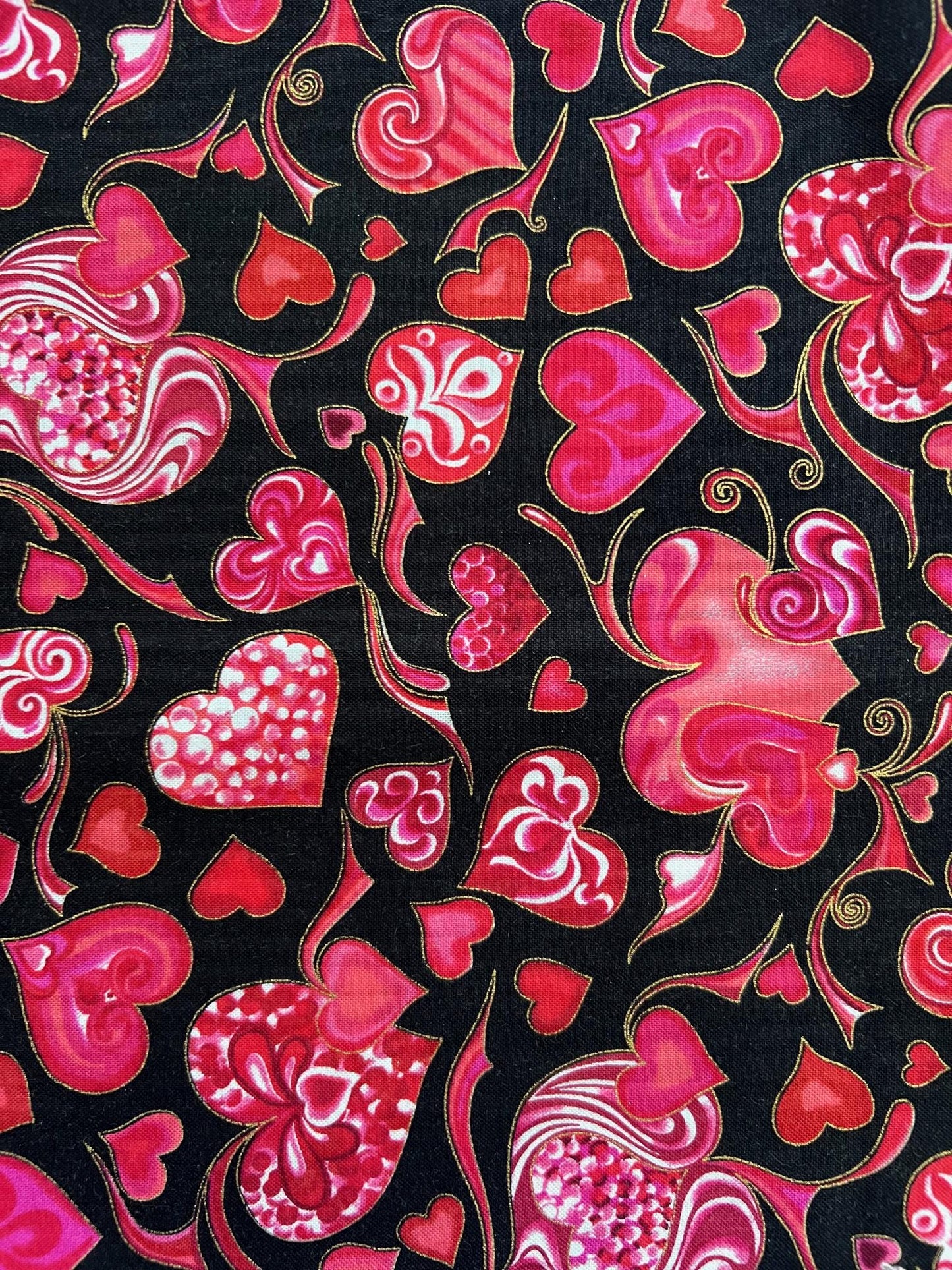REMNANT 35" of Hearts of Gold - Red Pink Hearts on Black Fabric, Hoffman L4172, Gold Metallic Valentine's Day Fabric