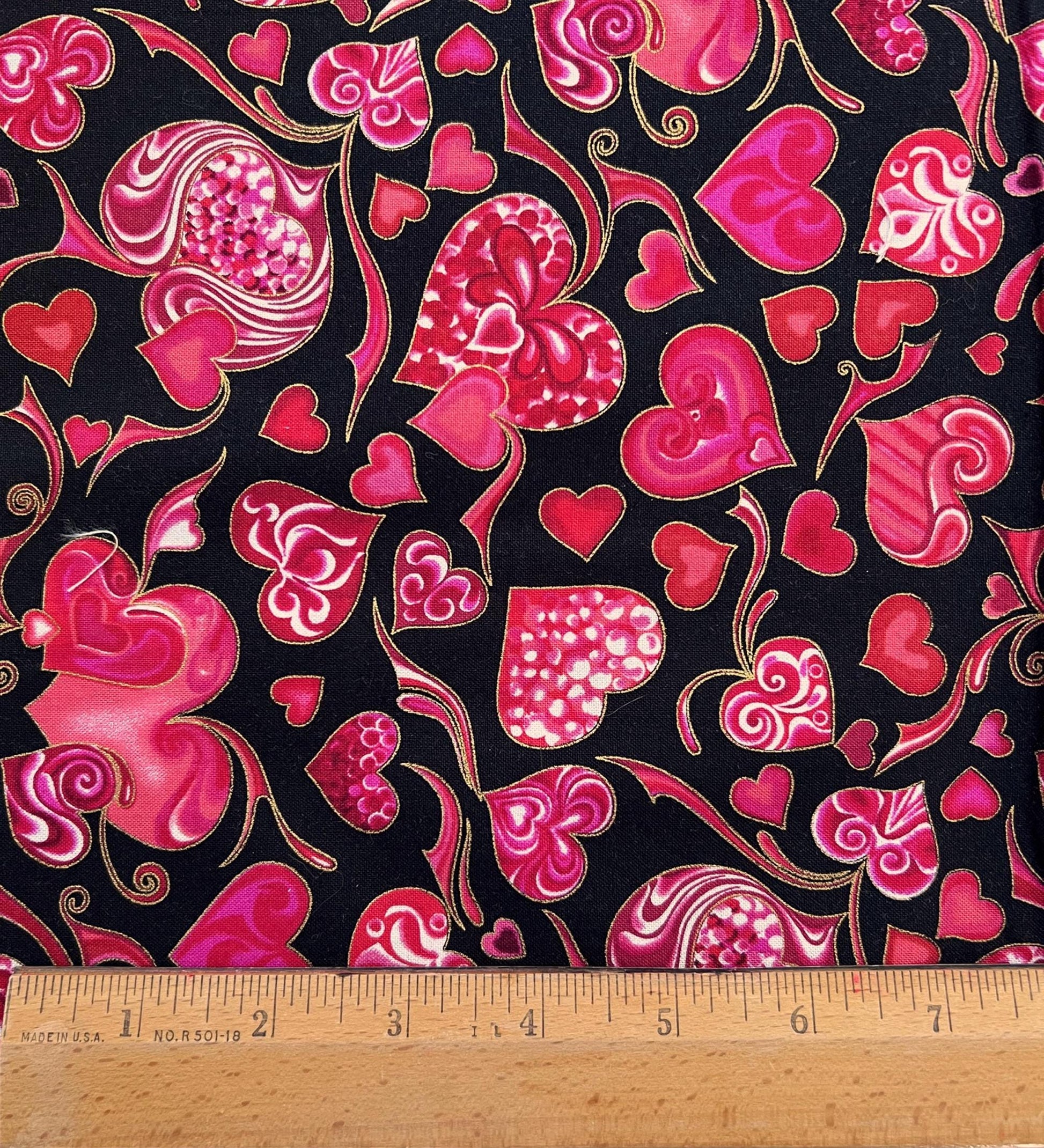 REMNANT 35" of Hearts of Gold - Red Pink Hearts on Black Fabric, Hoffman L4172, Gold Metallic Valentine's Day Fabric