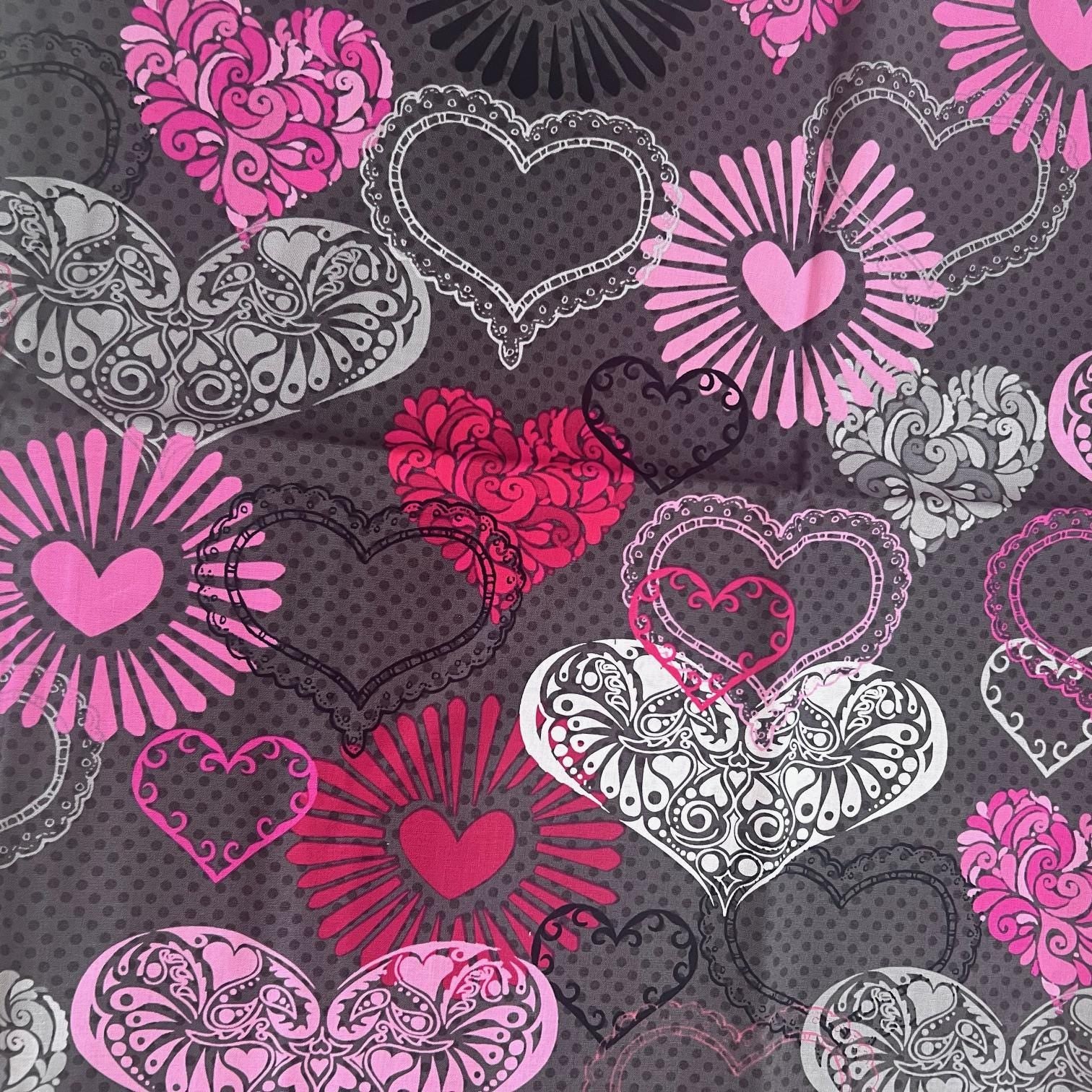 DESTASH Adore - 1 Yard Cut of Pink Red Hearts on Gray Fabric, Henry Glass & Co 1036, Modern Valentine's Day Fabric