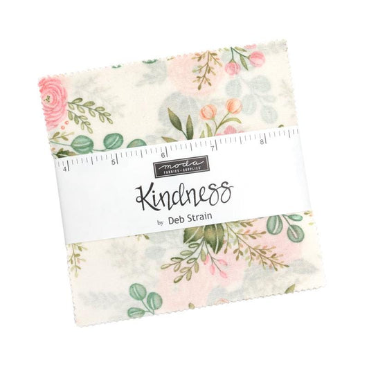 Kindness 5" Charm Pack, Moda 56150PP, 5" Precut Pink Green Peach Pastel Floral Charm Pack Fabric Squares, Deb Strain