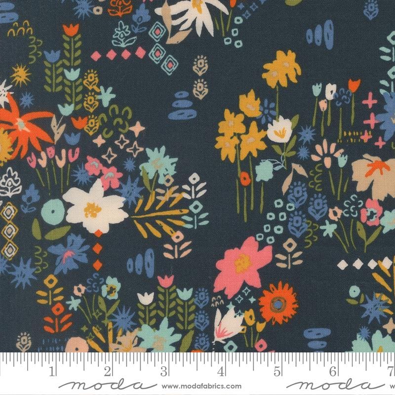 Boho Haven - Navy Blue Floral Fabric, Moda 45644 18 Deep Sea, Orange Pink Gold Flowers on Navy Blue Cotton Fabric, Fancy That, By the Yard