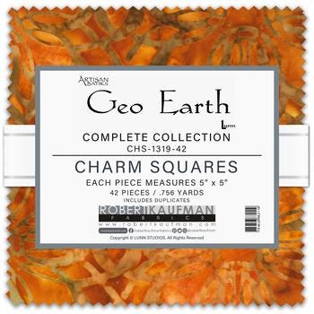 Artisan Batiks Geo Earth 5" Charm Squares, Robert Kaufman CHS-1319-42, 5" Precut Blue Green Rust Yellow Geometric Batik Charm Fabric Squares