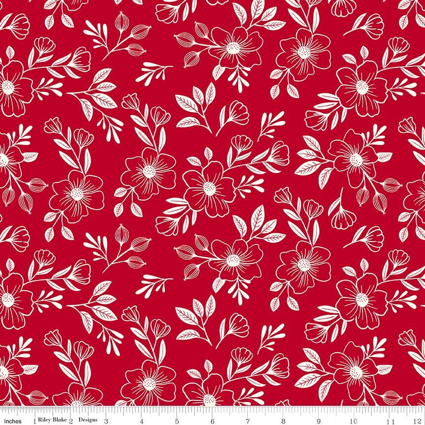 Radiant Ruby 5" Stacker, Riley Blake 5-17260-42, 5" Precut Red White Floral Quilt Fabric Squares, DAni Mogstad