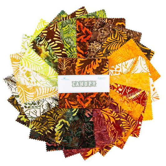 Expressions Batiks Canopy 5" Stacker, Riley Blake 5-23436-42, 5" Precut Earth Tones Leaves Red Green Gold Brown Batik Fabric Squares