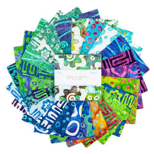 Expressions Batiks Bold in Bloom 5" Stacker, Riley Blake 5-23517-42, 5" Precut Blue Green Geometric Floral Batik Fabric Squares, Fran Morgan