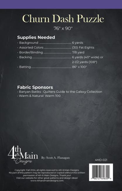 Churn Dash Puzzle Quilt Pattern, 4th and Main 4MD021, Fat Eighths F8 Friendly Modern Churn Dash Throw Quilt Pattern