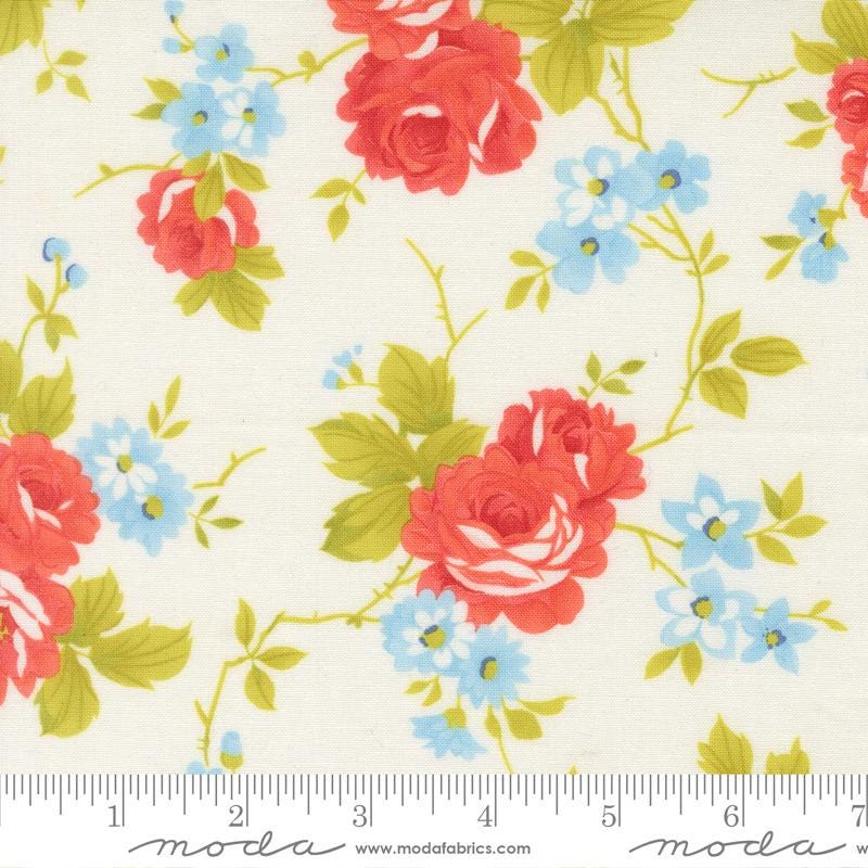 108" Rosie - Red Blue Flowers on Cream Wide Quilt Back Fabric, Moda 108038 11 Whipped Cream, Cotton Sateen Quilt Backing Fabric, By the Yard