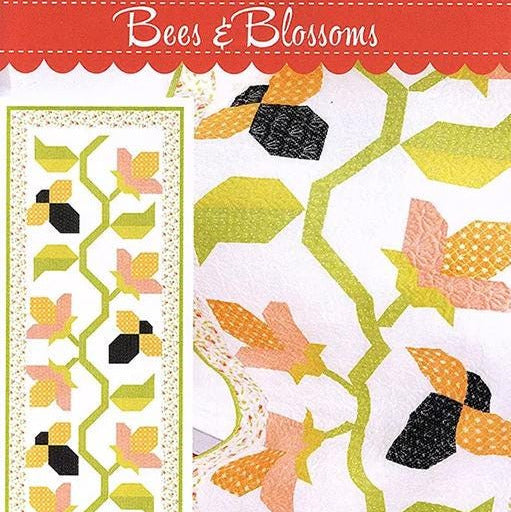 Bees and Blossoms Bed Runner Quilt Pattern, Fig Tree Co FTQ2075, Yardage Friendly Honeybees and Flowers Summer Bed Runner Quilt Pattern