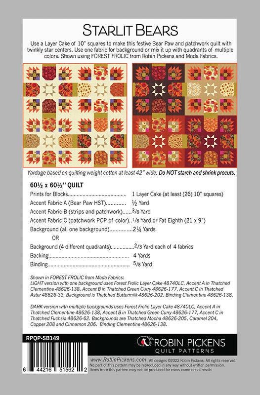 Starlit Bears Quilt Pattern, Robin Pickens RPQP-SB149, Layer Cake 10" Squares Friendly Bear Claw Paw Star Throw Quilt Pattern