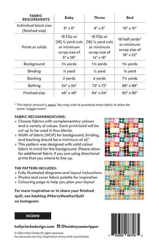 Merry Weather Quilt Pattern, Holly Clarke Design HCD010, Fat Quarter FQ Yardage Friendly Baby Throw Bed Quilt Pattern, Modern Squares Quilt