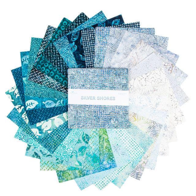 Expressions Batiks Silver Shores 10" Stacker, Riley Blake 10-23553-42, 10" Precut Teal Aqua Gray White Batik Fabric Squares