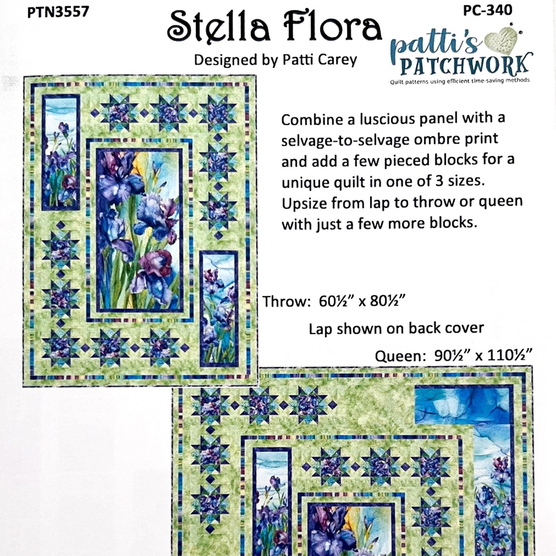 Stella Flora Panel Frame Quilt Pattern, Patti's Patchwork PC340 PTN3557, Fabric Panel Friendly Star Frame Throw Queen Quilt Pattern