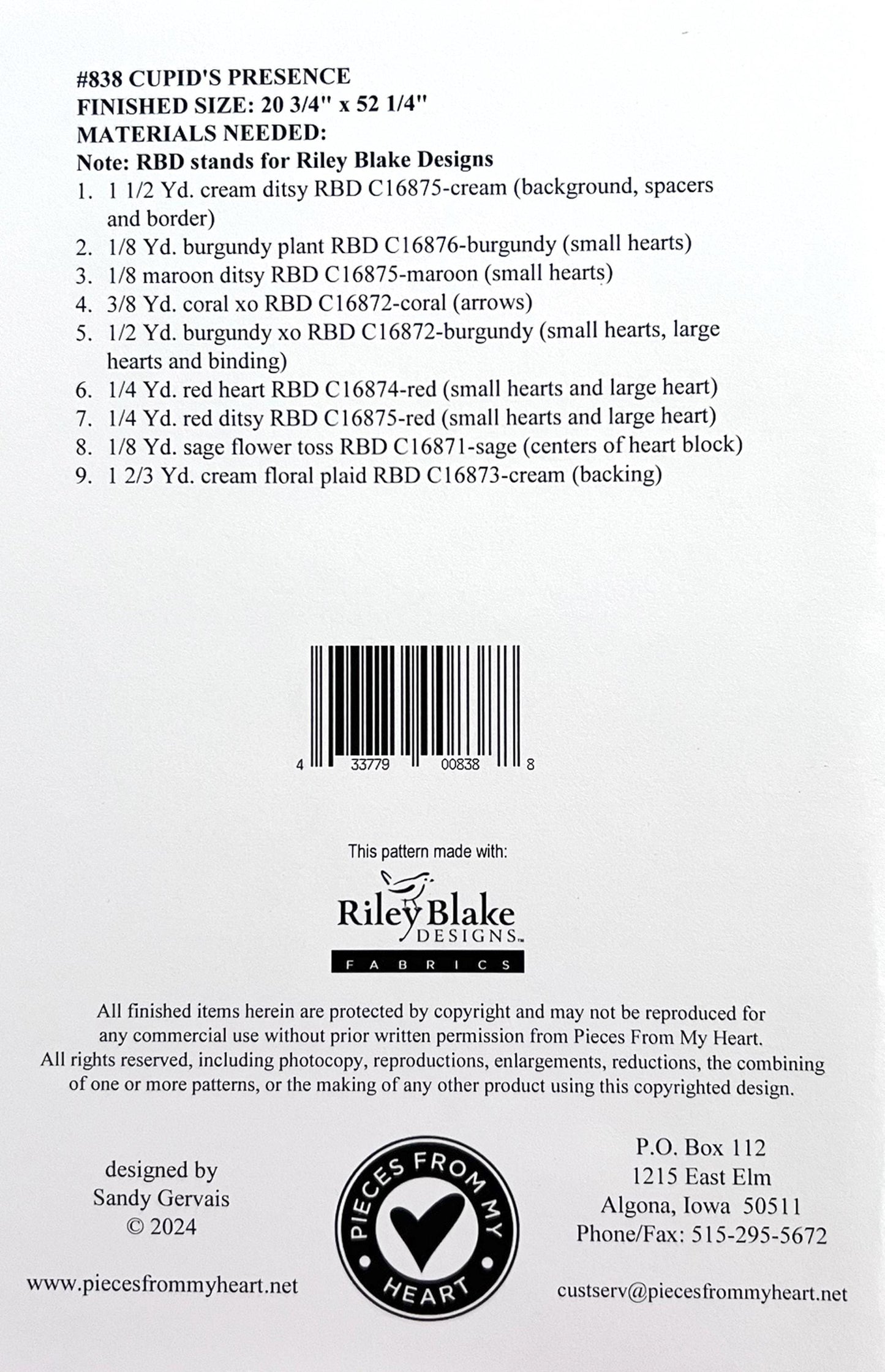 Cupid's Presence Table Runner Quilt Pattern, Pieces From My Heart PH838, Yardage Friendly Hearts Arrows Table Quilt Pattern, Sandy Gervais