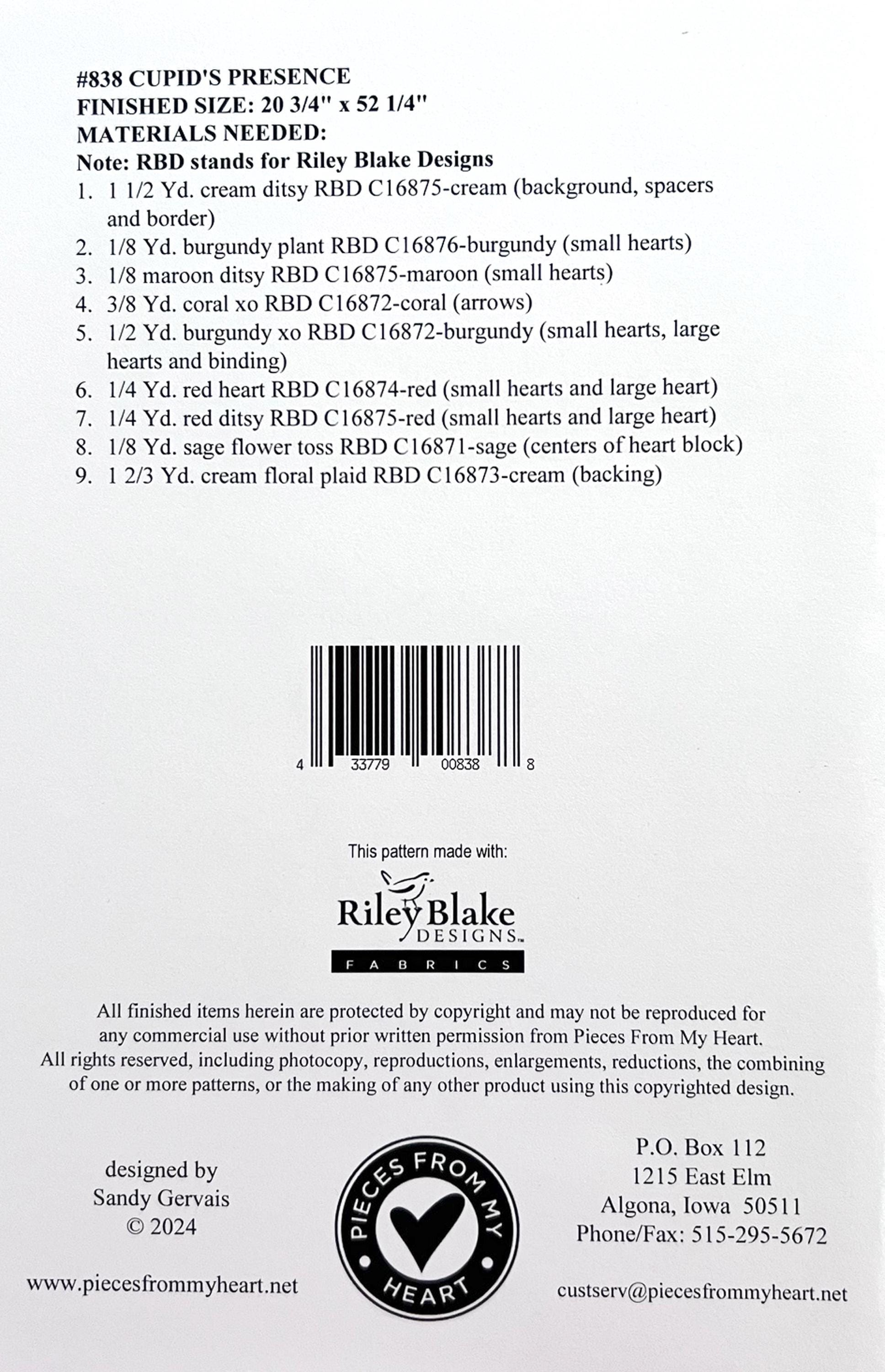 Cupid's Presence Table Runner Quilt Pattern, Pieces From My Heart PH838, Yardage Friendly Hearts Arrows Table Quilt Pattern, Sandy Gervais