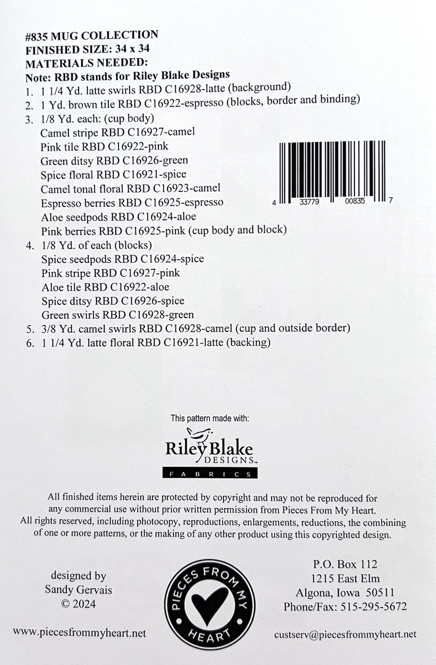 Mug Collection Table Topper Quilt Pattern, Pieces From My Heart PH835, Yardage Friendly Coffee Mugs Table Wall Quilt Pattern, Sandy Gervais