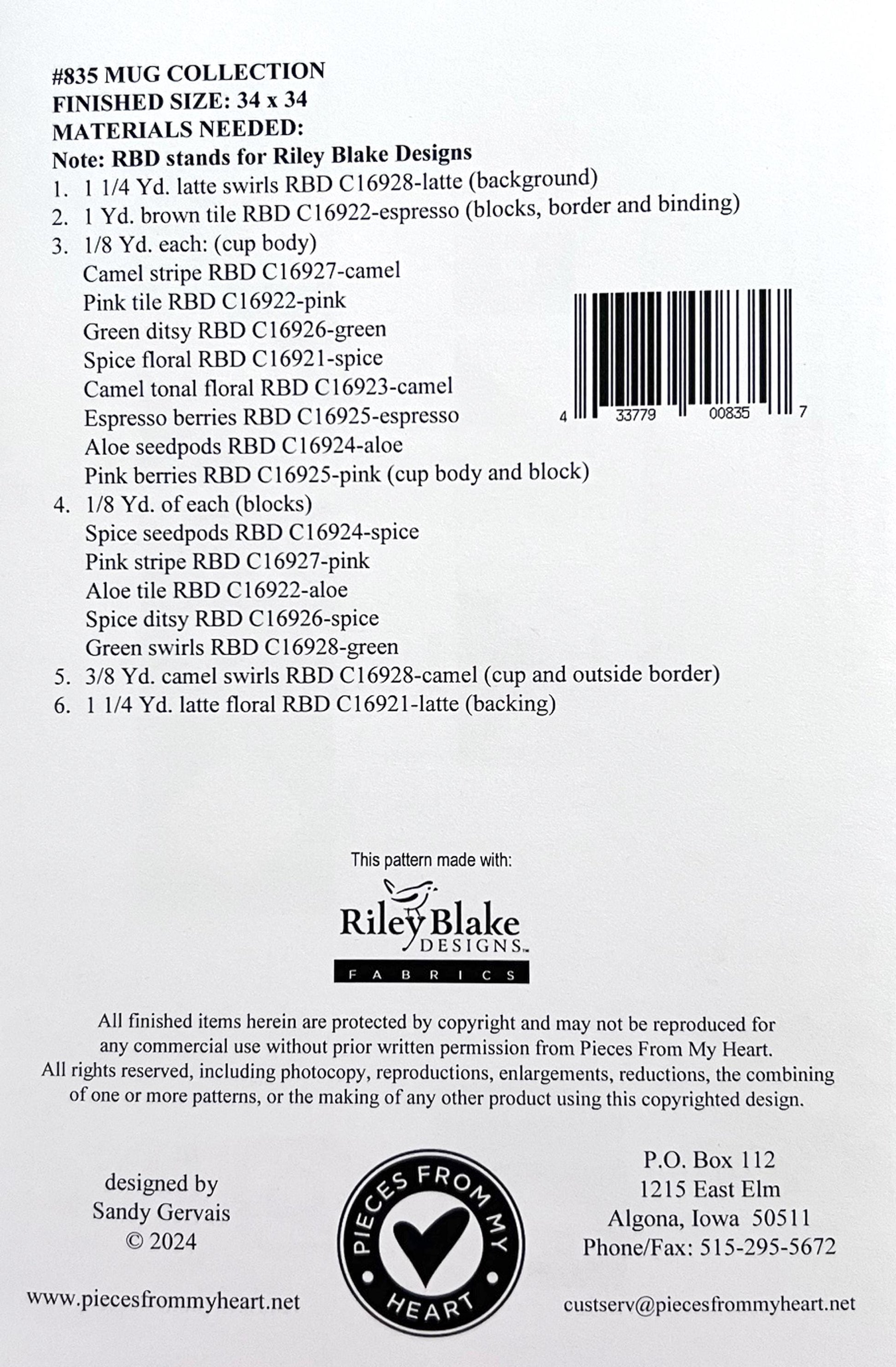 Mug Collection Table Topper Quilt Pattern, Pieces From My Heart PH835, Yardage Friendly Coffee Mugs Table Wall Quilt Pattern, Sandy Gervais