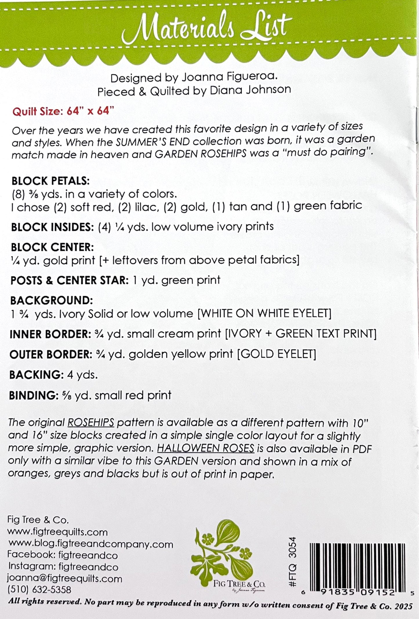 Garden Rosehips Quilt Pattern, Fig Tree Quilts FTQ3054, Yardage Friendly Floral Flowers Lap Throw Square Quilt Pattern