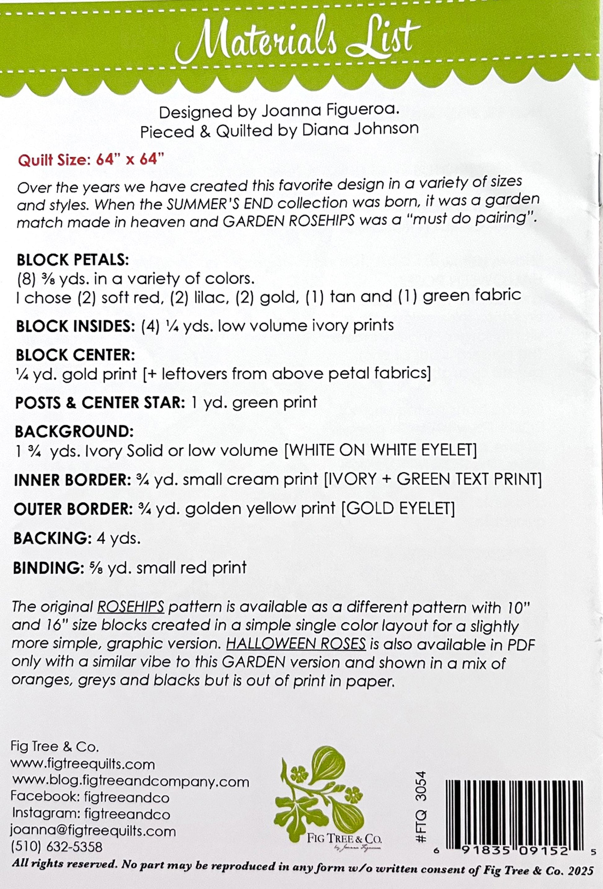 Garden Rosehips Quilt Pattern, Fig Tree Quilts FTQ3054, Yardage Friendly Floral Flowers Lap Throw Square Quilt Pattern