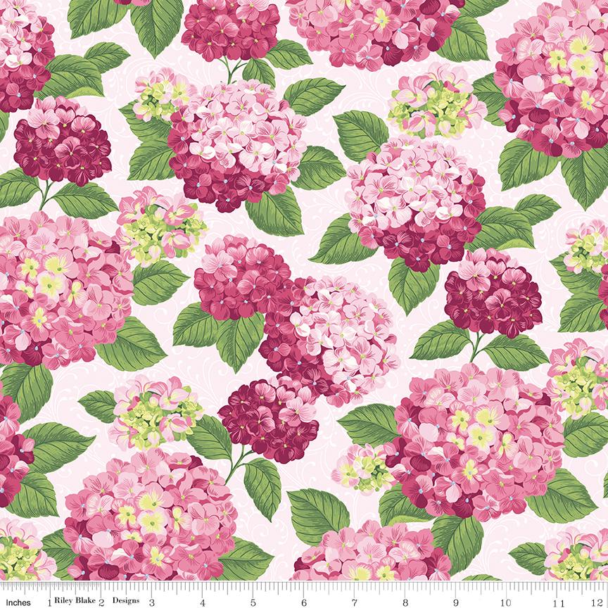 Hydrangeas in the Garden 5" Stacker, Riley Blake 5-16830-42, Precut Spring Floral Quilt Hydrangea Fabric Squares, Jennifer Bosworth