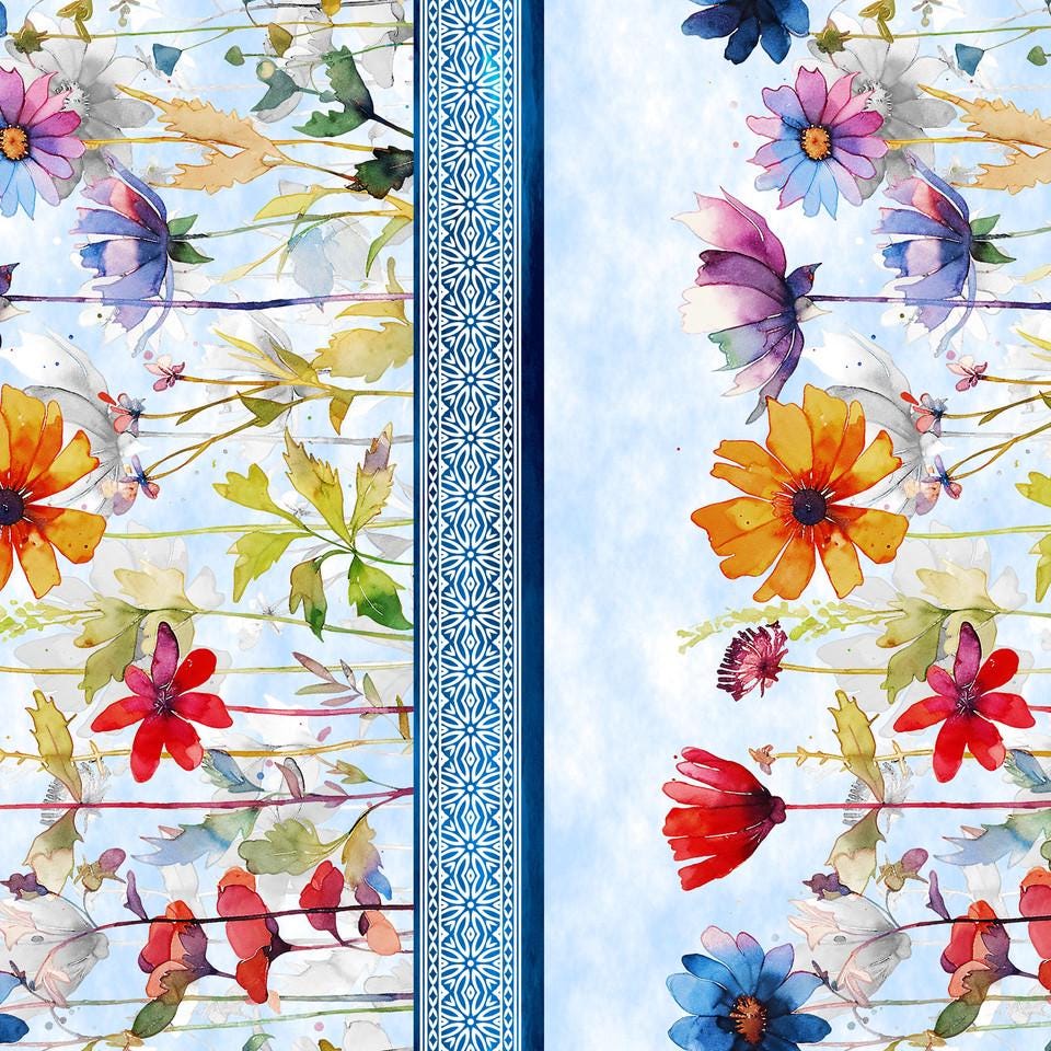 Blooming Day and Night - Blue Watecolor Floral Border Print Fabric, In the Beginning IBF1BDN-2 Blue, Border Stripe Fabric, Jason Yenter