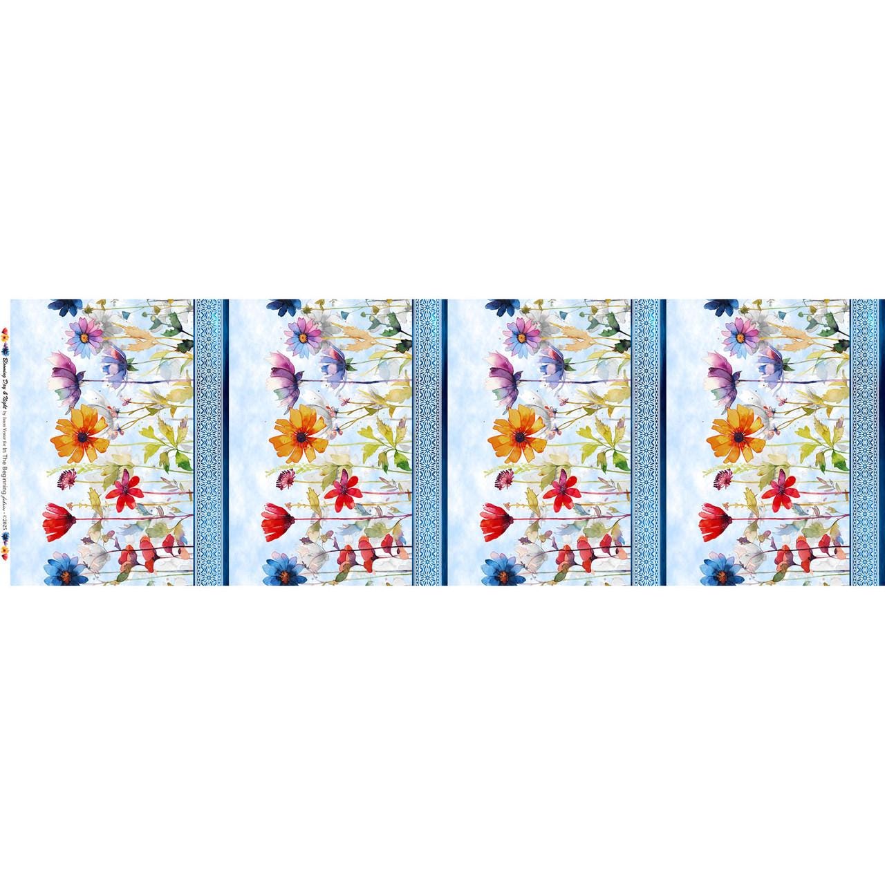 Blooming Day and Night - Blue Watecolor Floral Border Print Fabric, In the Beginning IBF1BDN-2 Blue, Border Stripe Fabric, Jason Yenter