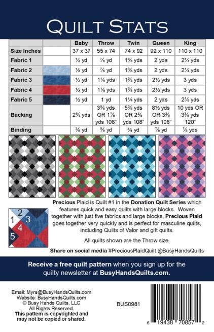 Precious Plaid Quilt Pattern, Busy Hands Quilts BUS0981, Yardage Friendly Baby to King Throw Bed Quilt Pattern