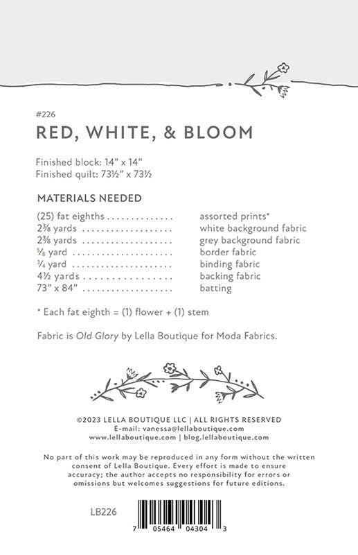 Red White and Bloom Quilt Pattern, Lella Boutique LB226, 25 Fat Eighths F8 Friendly Flowers Square Throw Quilt Pattern