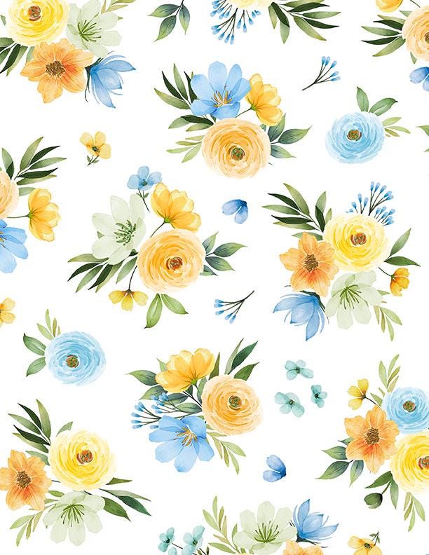 Gentle Meadow 5 Karat Crystals, Wilmington Prints 884-508, Precut 5" Blue Yellow Floral Fabric Squares Charm Pack, Lola Molina