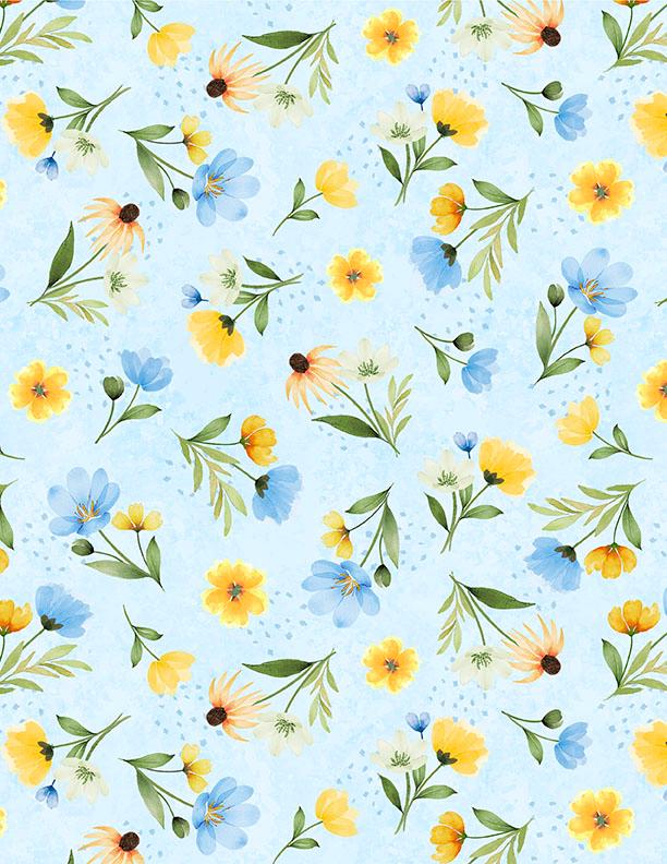 Gentle Meadow 5 Karat Crystals, Wilmington Prints 884-508, Precut 5" Blue Yellow Floral Fabric Squares Charm Pack, Lola Molina