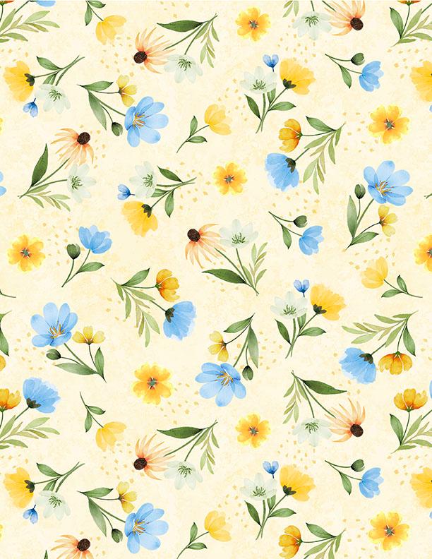 Gentle Meadow 5 Karat Crystals, Wilmington Prints 884-508, Precut 5" Blue Yellow Floral Fabric Squares Charm Pack, Lola Molina