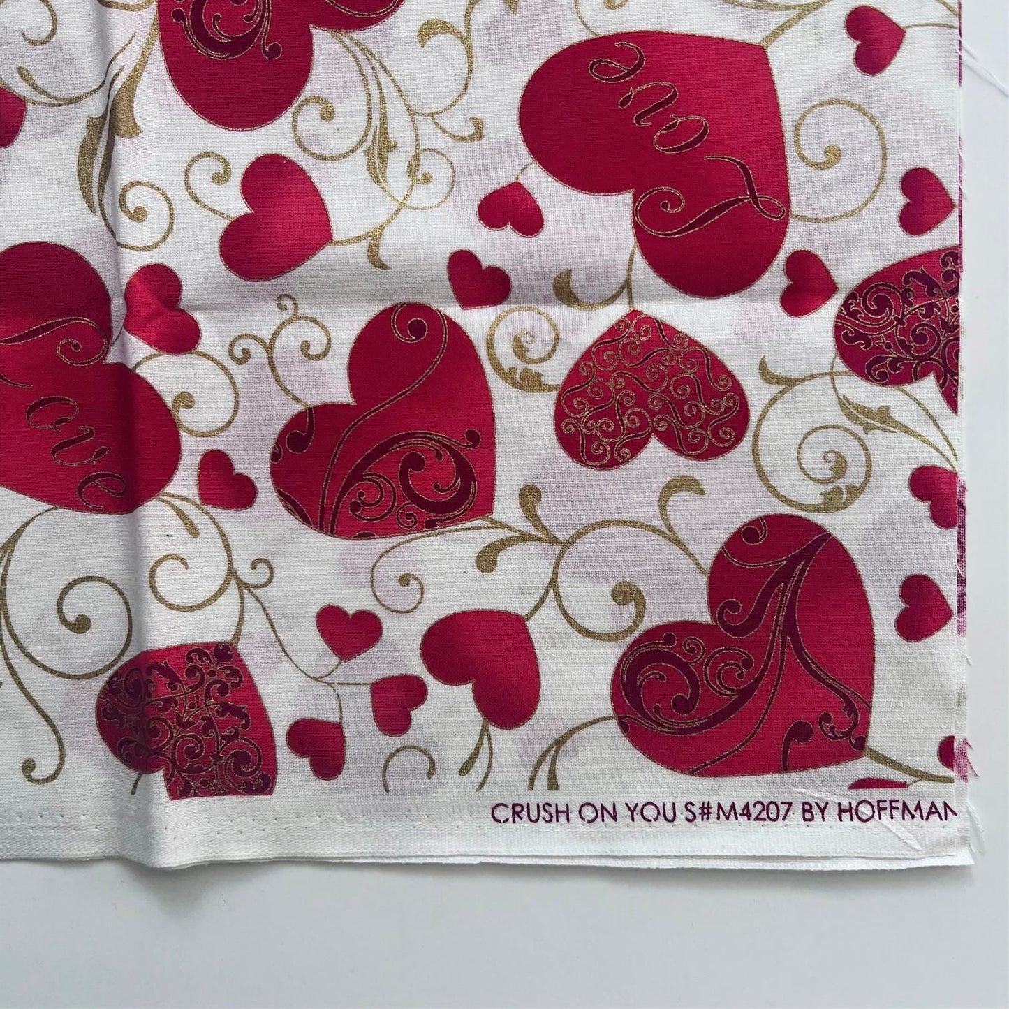 REMNANT 15" of Crush on You - Red Gold Hearts on White Fabric, Hoffman M4207, Valentine's Day Fabric