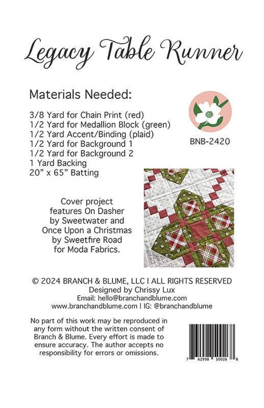 Legacy Table Runner Quilt Pattern, Branch and Blume BNB2420, Yardage Friendly Chains Medallions Table Runner Quilt Pattern, Chrissy Lux