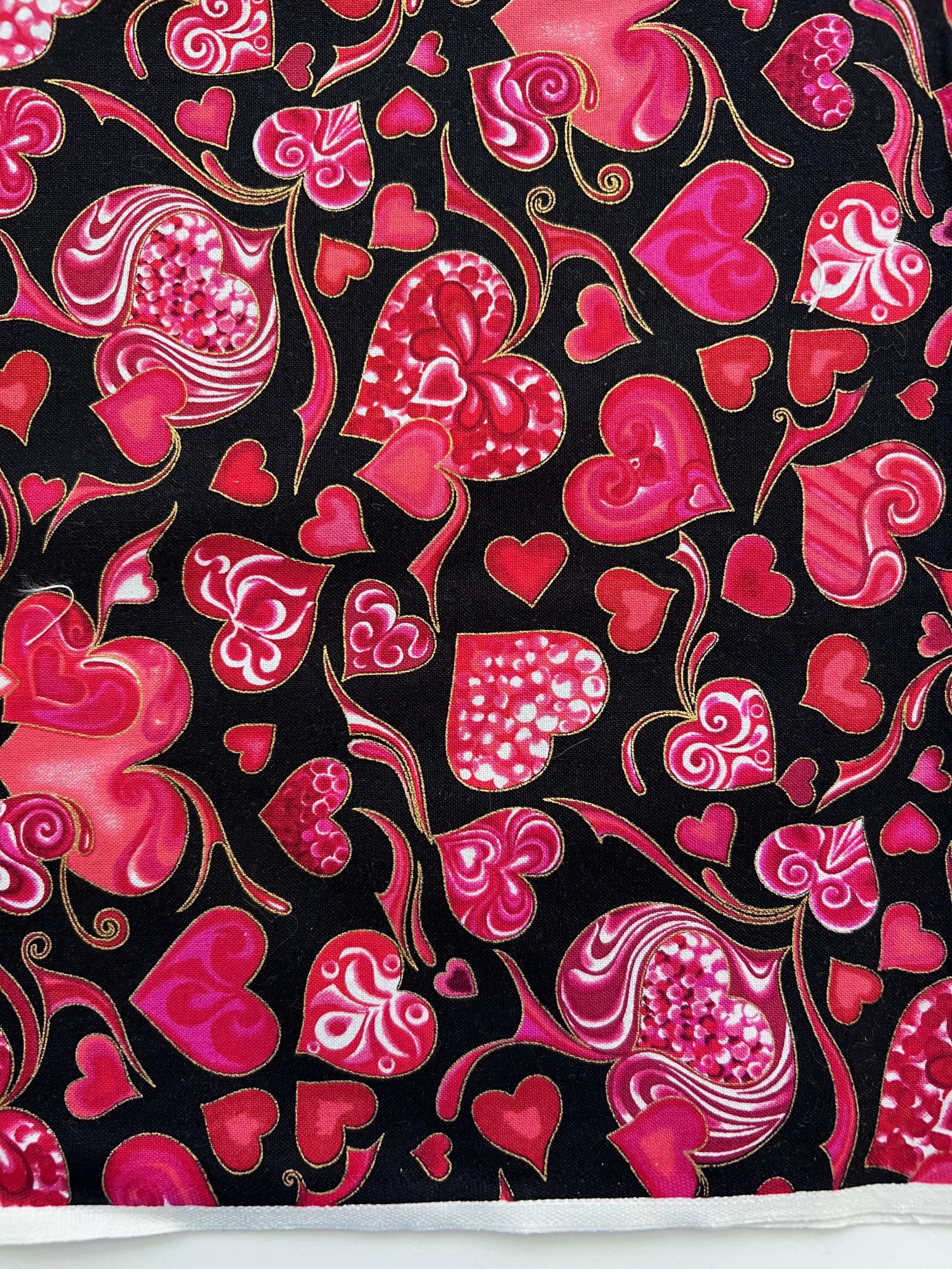 REMNANT 35" of Hearts of Gold - Red Pink Hearts on Black Fabric, Hoffman L4172, Gold Metallic Valentine's Day Fabric