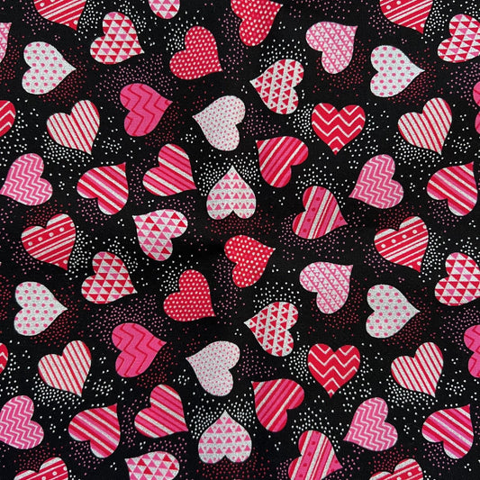 REMNANT 1 Yard 12" of Red White Silver Hearts on Black Fabric, Timeless Treasures CM2273, Silver Metallic Valentine's Day Fabric